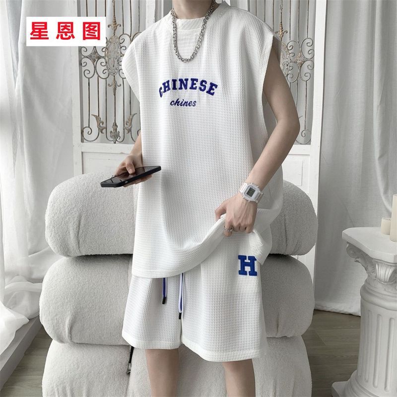 夏季华夫格套装男休闲无袖t恤男短裤两套青少年一套帅气125/8 Summer waffle knit suit for men, casual sleeveless t-shirt and short
