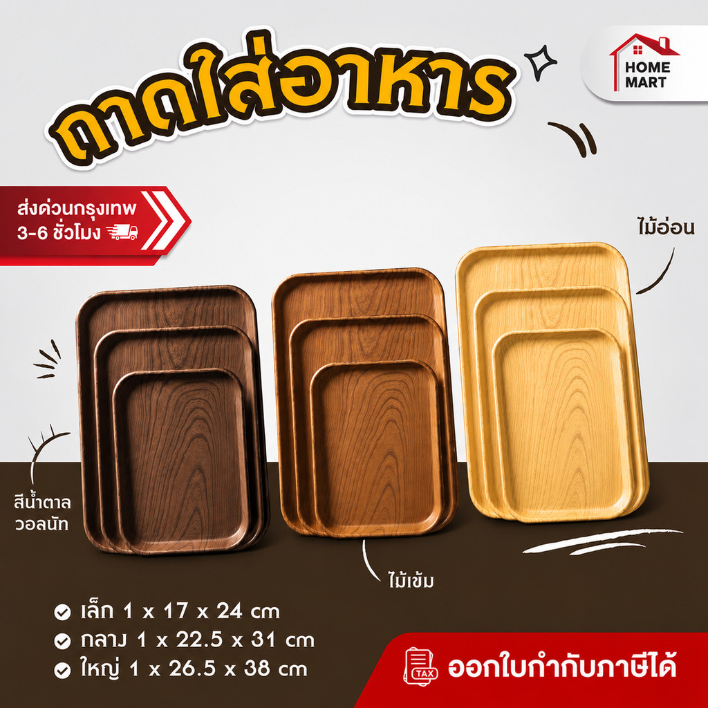 ถาดใส่อาหาร ถาดพลาสติก ลายไม้ - ถาดเสิร์ฟอาหาร สําหรับเก็บอาหาร ถาดใส่ของ ที่วางจาน วางของ