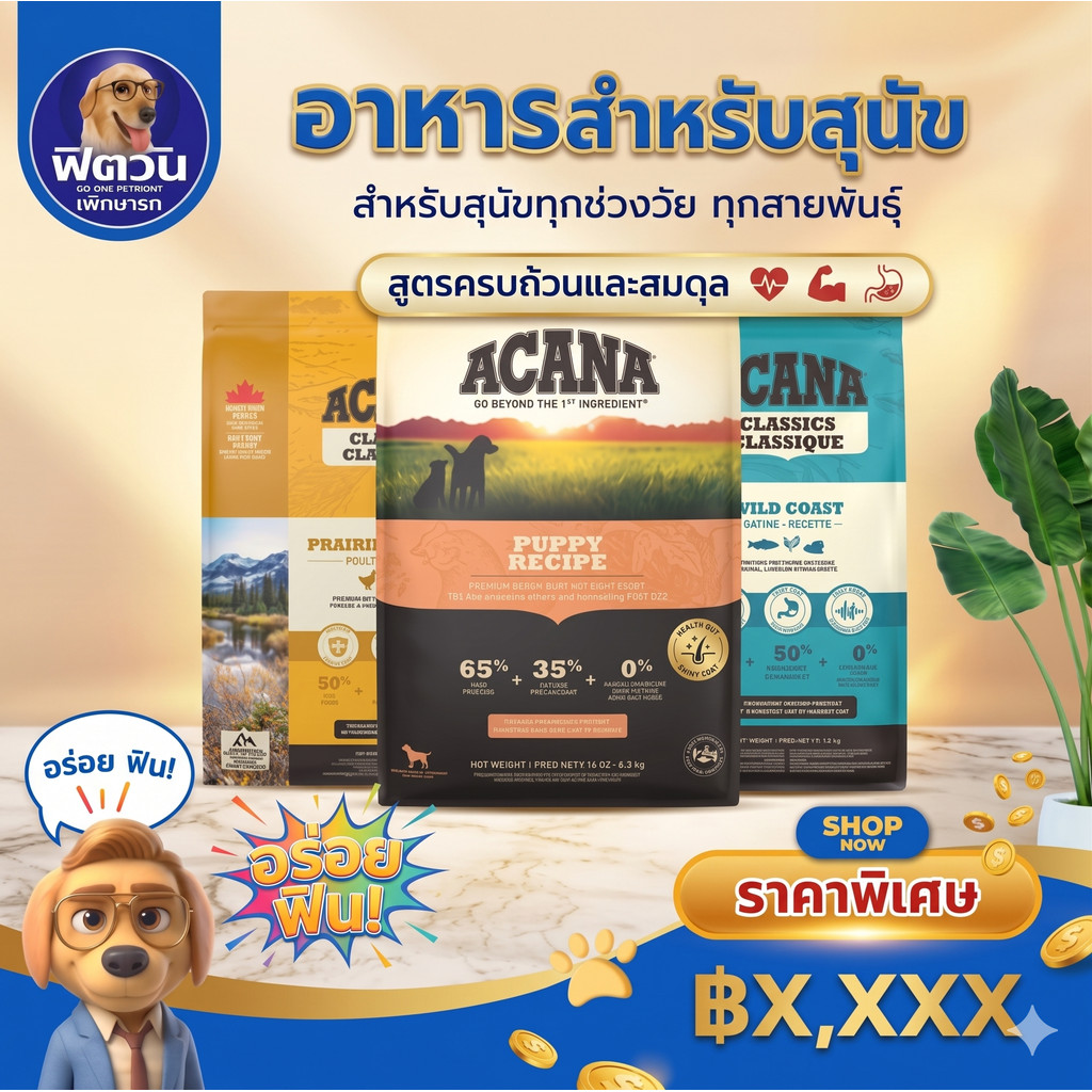 ACANA อาหารเม็ด สำหรับลูกสุนัขและสุนัขโตทุกสายพันธุ์ ขนาด 9.7 กก.