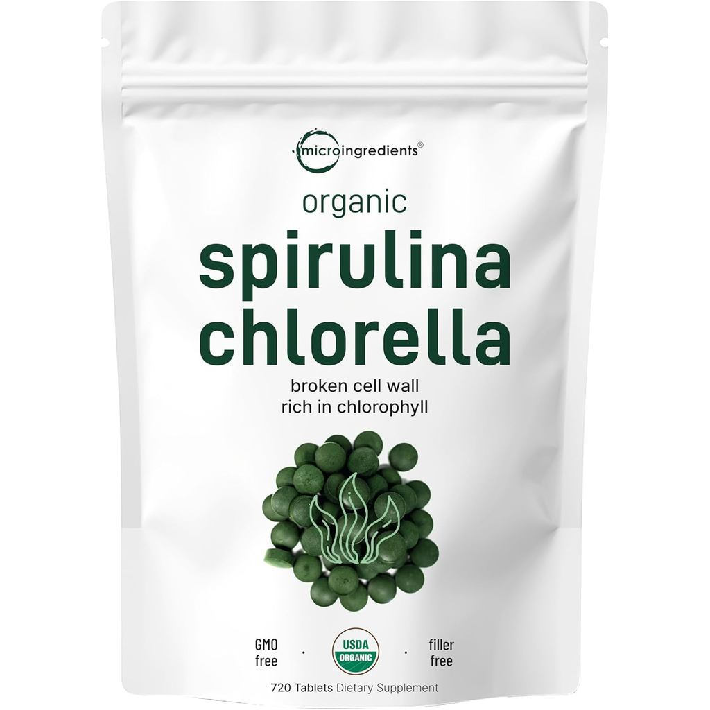 MicroIngredientsOrganic SpirulinaChlorellaTablets,720เม็ด(4เดือนหงาย)|50/50BlendSuperfood|แตกเซลล์ผนังเพื่อดีกว่าอาหาร|ริชอินเวแกนโพรเทน&คลอโรฟิล