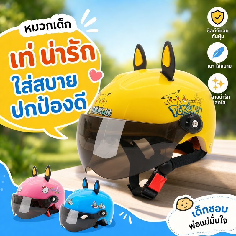 หมวกกันน็อกเด็ก หมวกกันกระแทกเด็ก ลายการ์ตูน กันลม กันน้ำ กันแดด ใส่สบาย ปลอดภัย ทนทาน