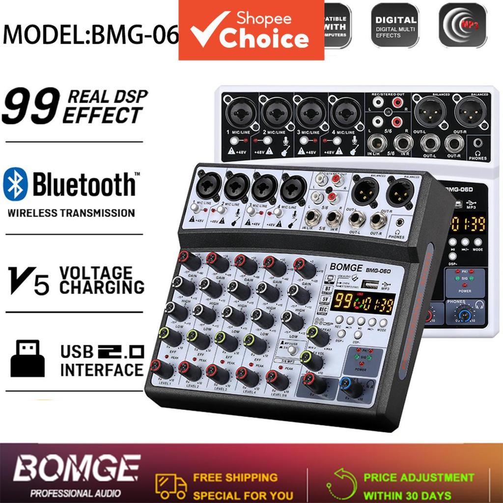 BOMGE Professional 6 ช่อง DJ Audio Audio Mixer อินเทอร์เฟซ MP3 USB Bluetooth 99DSP Pro HiFi