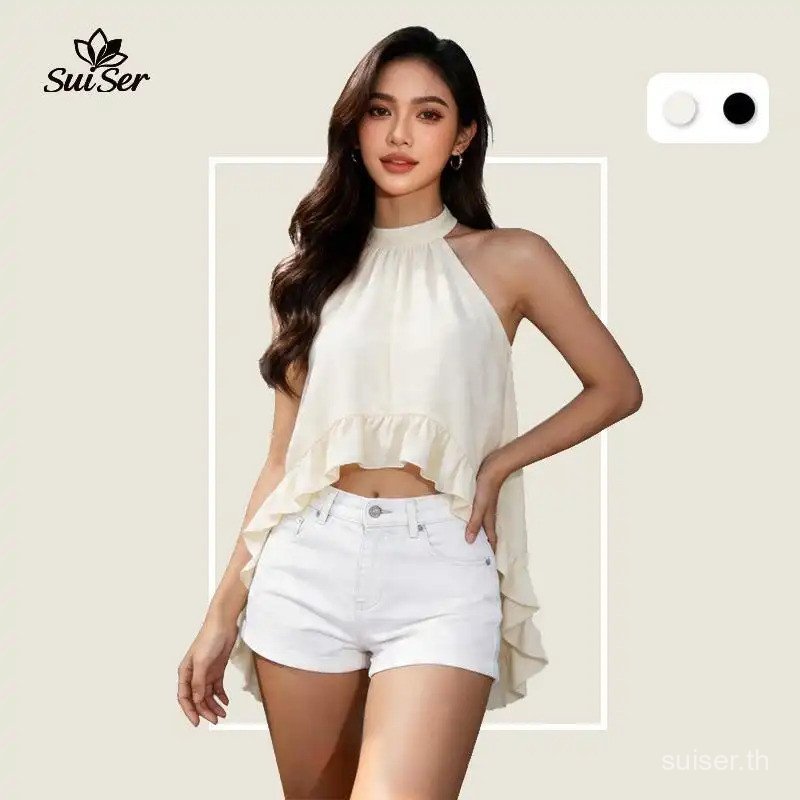 เสื้อเชิ้ตแขนฟองผู้หญิง รุ่นใหม่ หวานและเผ็ด มาพร้อมสไตล์ฝรั่งเศส และมีสายเปิดหลัง สีดำ/สีอัลมอนด์
