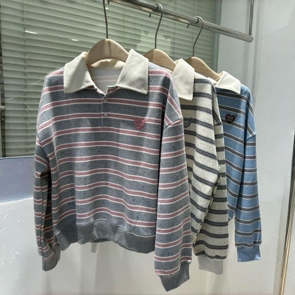 TAYCEN M-2XL Sweatshirts เสื้อสเวตเตอร์ การปัก ลายทาง คอแบบมีปกเสื้อ โอเวอร์ไซส์ ผู้หญิง