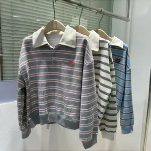 TAYCEN M-2XL Sweatshirts เสื้อสเวตเตอร์ การปัก ลายทาง คอแบบมีปกเสื้อ โอเวอร์ไซส์ ผู้หญิง
