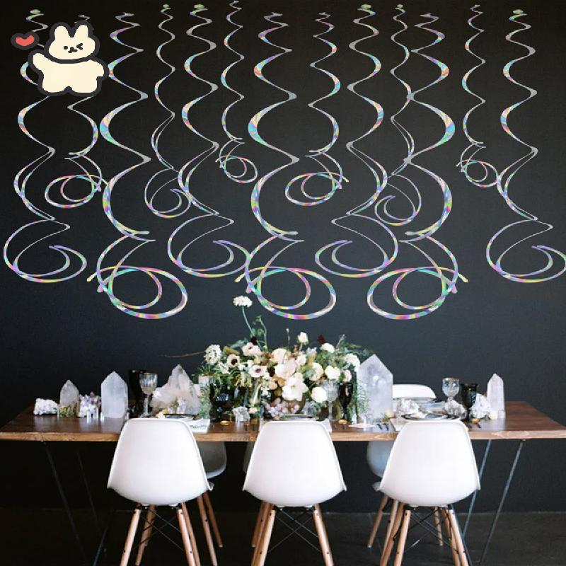ตกแต่งปาร์ตี้ Iridescent Shinny ฟอยล์แขวน Swirl ตกแต่งลําแสงพลาสติกสําหรับเพดานลําแสงพลาสติกสําหรับต