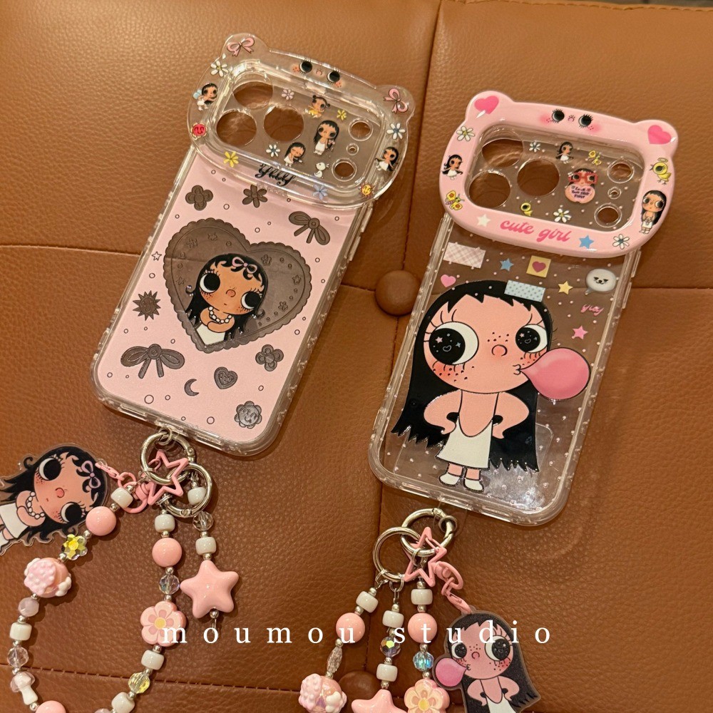 เคส Iphone น่ารัก 3D หมีกรอบกล้อง Iphone 17 Pro Max สาวการ์ตูนเกาหลี Yuy สายรัดข้อมือสร้อยข้อมือกรณี Iphone 14 Pro Max กันกระแทก Hard Case สําหรับ iPhone 17 16 15 14 Pro Max