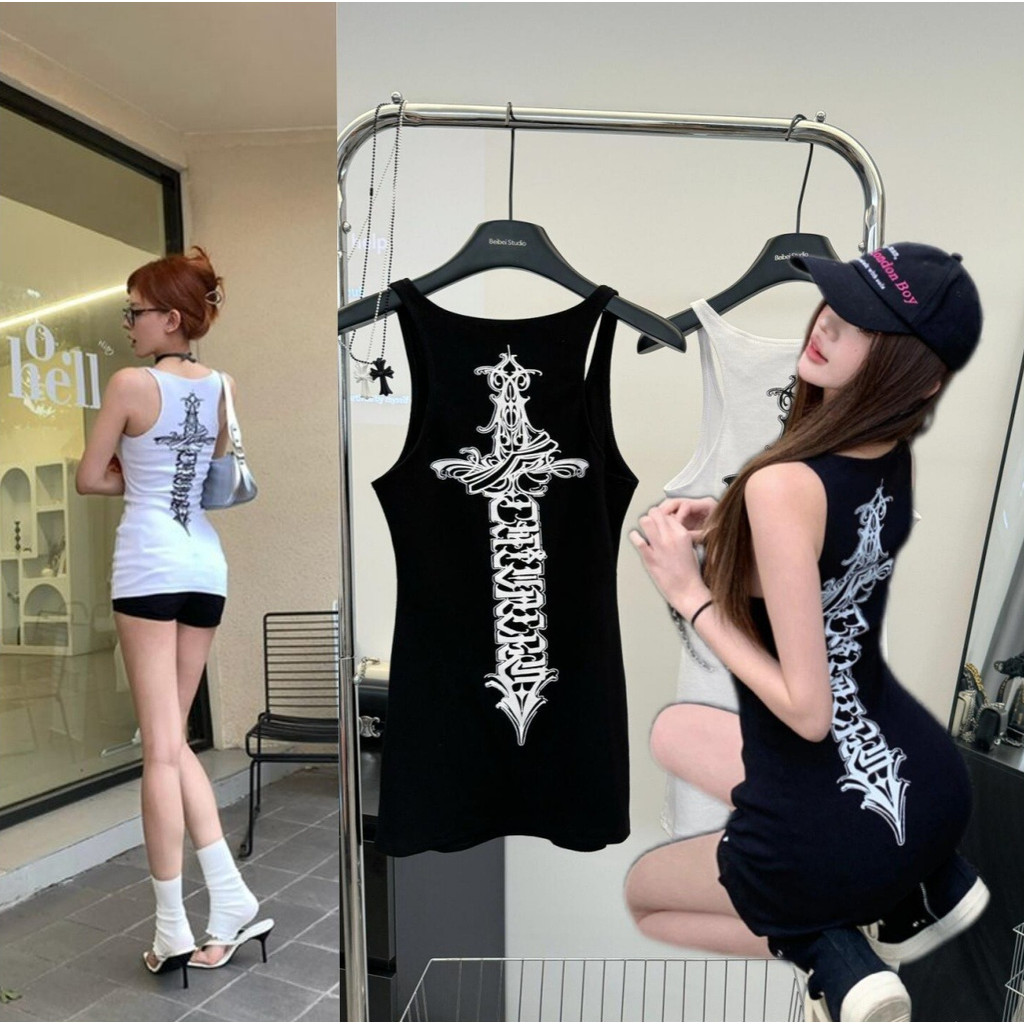 สไตล์เกาหลีสาวร้อนพิมพ์เสื้อชั้นในสตรียาวปานกลางฤดูร้อนบางเฉียบแขนกุดเสื้อยืดด้านบน