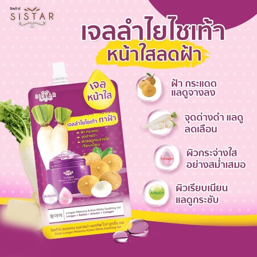 (1กล่อง 6 ซอง) Sistar Longan Melasma Active White Soothing Gel ซิสต้าร์เจลลำไยไชเท้า