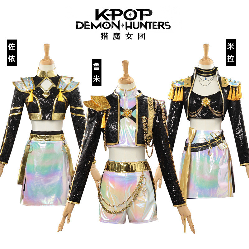 Kpop Demon Hunter Girl Group คอสเพลย์เครื่องแต่งกาย, Zoe Anime เครื่องแต่งกาย, Lumi Stage ชุด, Mira Black Gold Stage, คอสเพลย์ NS