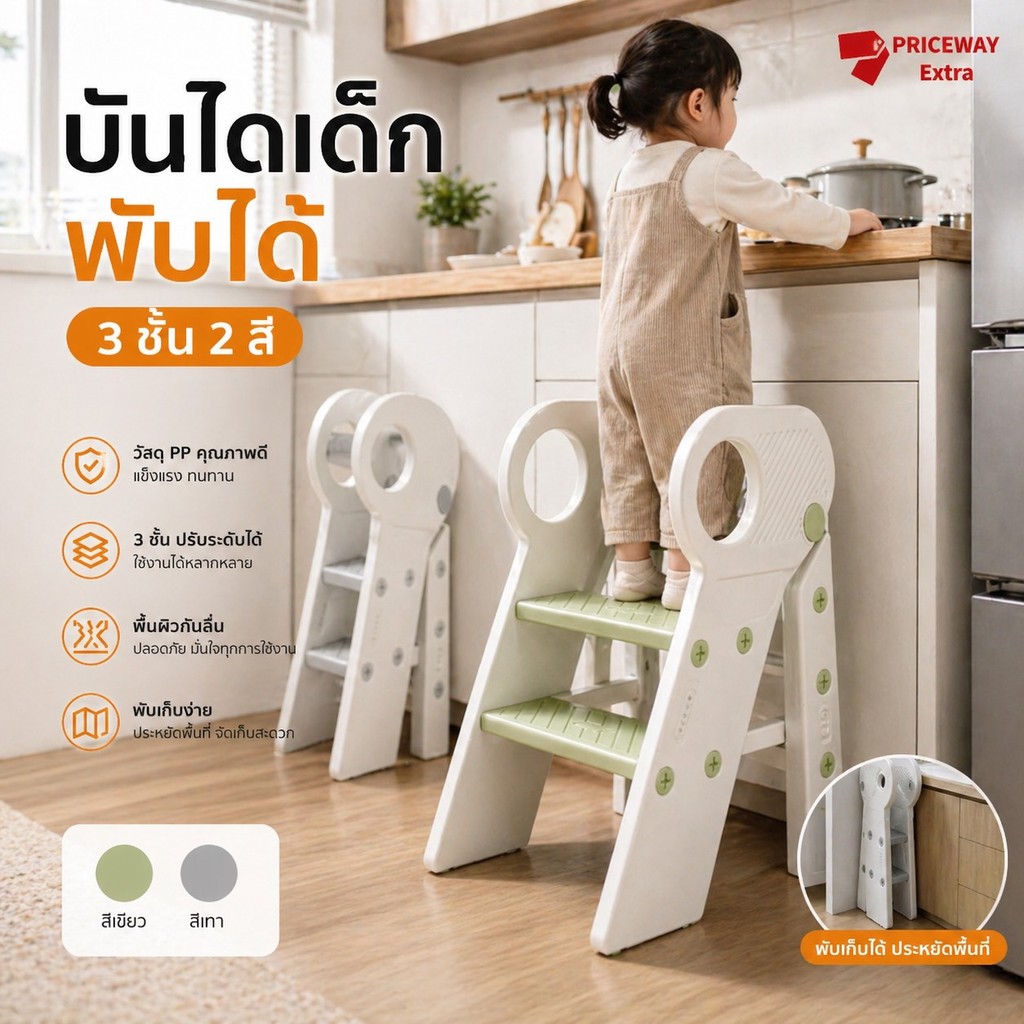 บันไดเด็ก 3 ชั้น พับได้ PPS039 บันไดรองชักโครก พลาสติกแข็งแรง กันลื่น มินิมอล
