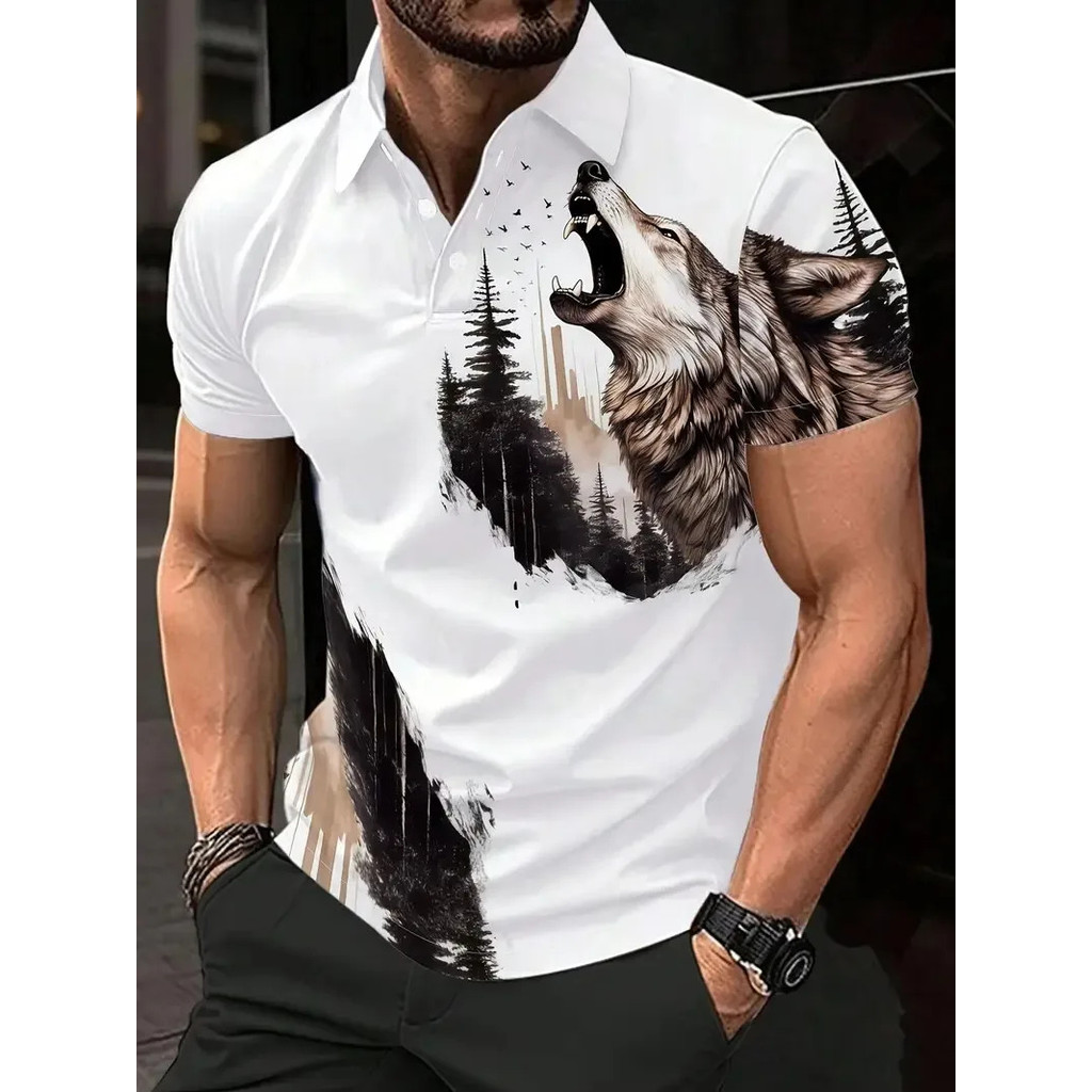 เสื้อโปโลผู้ชายสัตว์พิมพ์กราฟิกกลางแจ้งสบายๆโอคอดีม้าแขนสั้นถนนแฟชั่นชายเสื้อผ้าขนาดใหญ่ IAH0