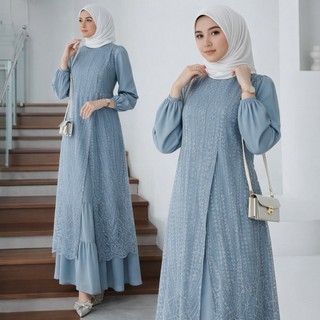 Vallina Outfit Olivia New Dress Maxy Wanita Muslim Matt Velvet Mix Brukat Kondangan Gamis Lebaran