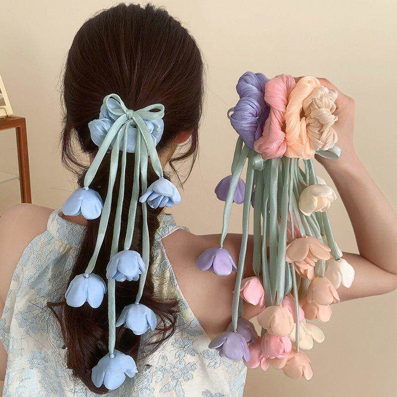 Lily of the Valley ดอกไม้ Scrunchy แหวนผมสาวพู่ Streamer ที่คาดผมหางม้า