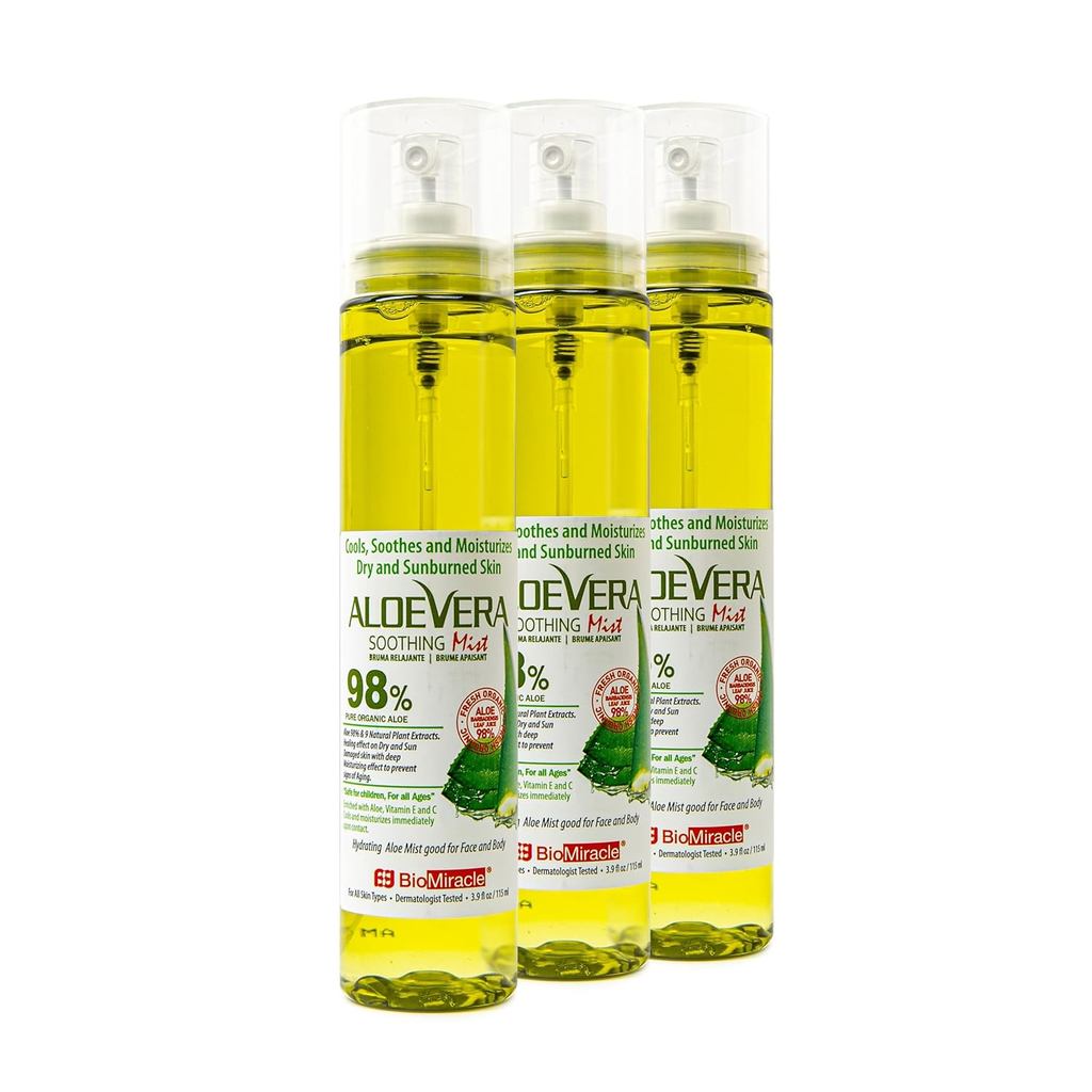 BioMiracle 98% Organic Aloe Vera Mist (3.9 oz) - Cooling Relief for Sunburn, Dry หรือระคายเคือง, Hyd