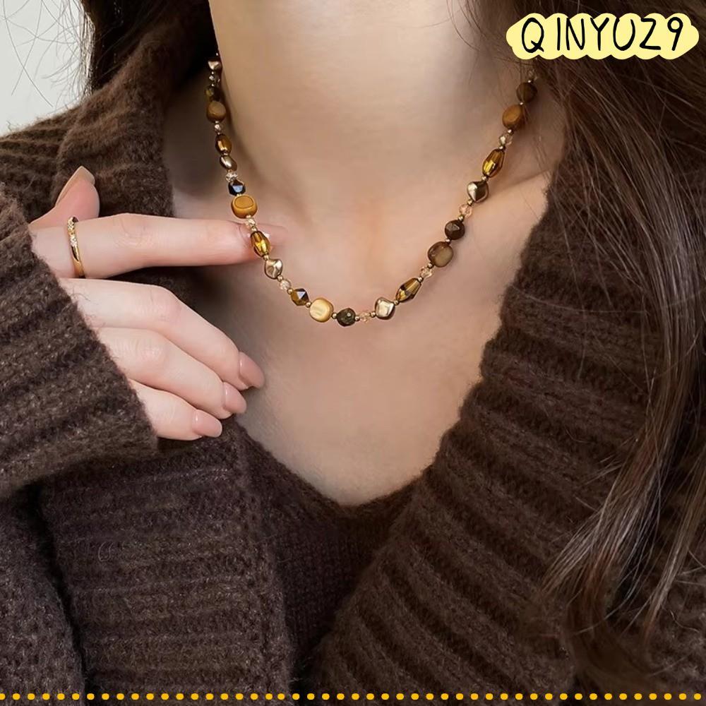 QINYUZ9QX สร้อยคอ, High-end Handmade Caramel สร้อยคอ,แฟชั่นลูกปัด Maillard เสื้อกันหนาวเครื่องประดับ
