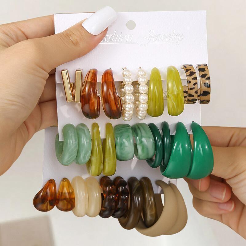 15 คู่/5 คู่ฤดูร้อนเรซิ่น Hoop ต่างหูแฟชั่นเสือดาวพิมพ์ Pearl สไตล์ Boho Vintage Hypoallergenic ต่างหูชุด