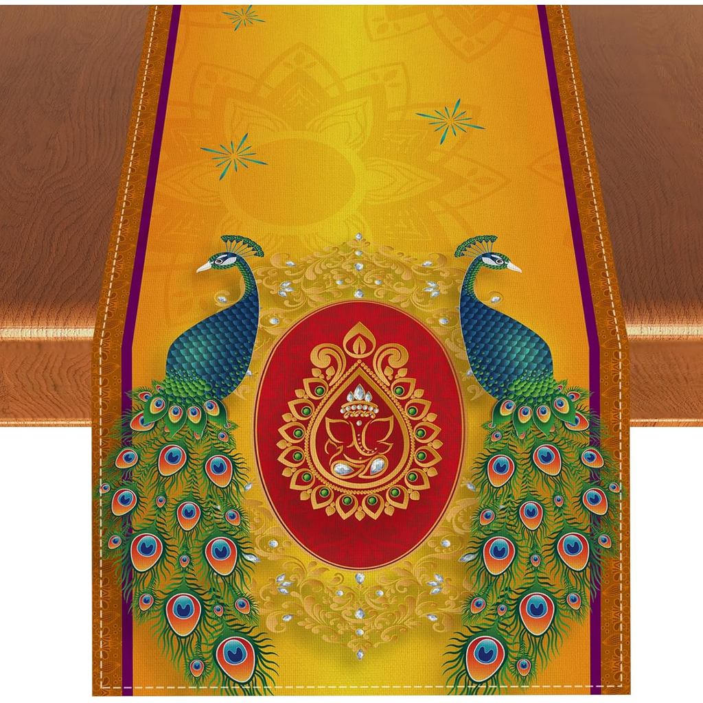 Happy Diwali ตาราง Runner อินเดีย Diwali นกยูงผ้าปูโต๊ะอินเดีย Deepavali เทศกาลไฟ Party Decor ตกแต่ง