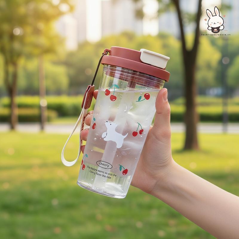 [Teh] 580Ml ขวดน้ําเชอร์รี่สําหรับนักเรียนคู่ฟางพลาสติกถ้วยกีฬารั่วซึมสําหรับ Office Travel Gym Clas