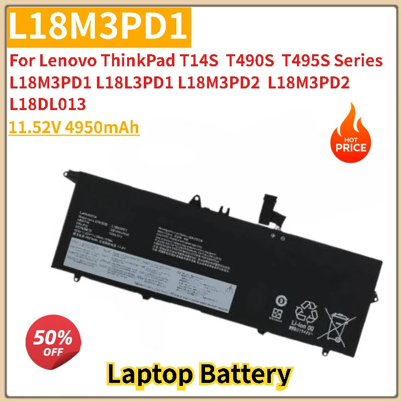 คุณภาพสูง L18M3PD1 11.52V 4950mAh แบตเตอรี่แล็ปท็อปสําหรับ Lenovo ThinkPad T14S T490S T495S Series L