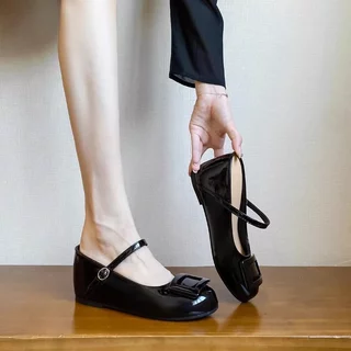 JINxCHOY สไตล์ย้อนยุคฝรั่งเศสสไตล์ใหม่ PU Low-Top รองเท้ารอบ Toe ยางสุภาพสตรีสวมใส่ด้านนอก Anti-Slip ทนต่อการสึกหรอ Factor
