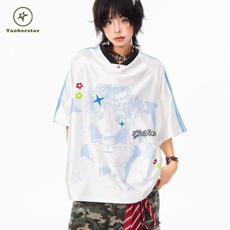 Taoberstar Jersey เสื้อยืดแขนสั้นคอวีหลวมสบายๆ Y2g Millennium สไตล์ Top