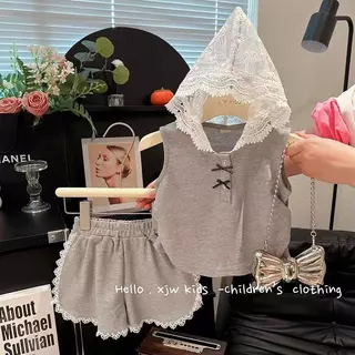 ชุดเสื้อและกระโปรงแขนกุดมีฮู้ดแต่งลูกไม้สำหรับเด็กฤดูร้อน (เสื้อสเวตเตอร์ เสื้อกั๊ก และกางเกงขาสั้น) ชุดลำลองกีฬา