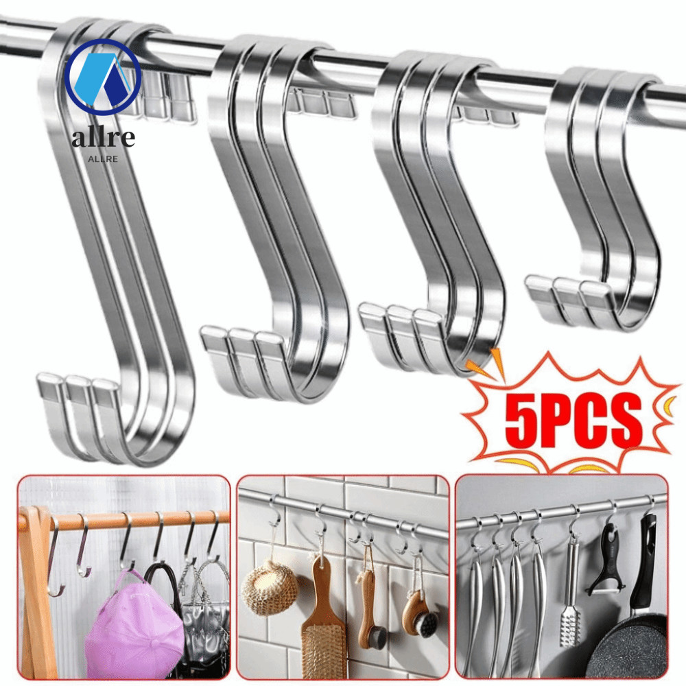 ALLRE 5 ชิ้น S-Shaped Hooks,ประหยัดพื้นที่ Heavy-duty หม้อแขวนกระทะ,สแตนเลสทนทานตะขอโลหะสําหรับกระเป๋าเสื้อผ้าหมวกผ้าเช็ดตัว