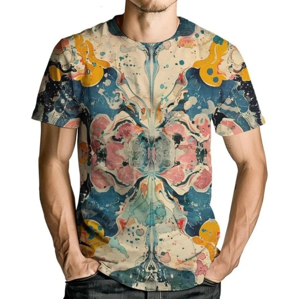 เสื้อยืดพิมพ์ลาย 3D ดอกไม้ไล่โทนสีสําหรับผู้ชายสีสันสดใสฤดูร้อนแขนสั้น O-คอแฟชั่น Street Tee