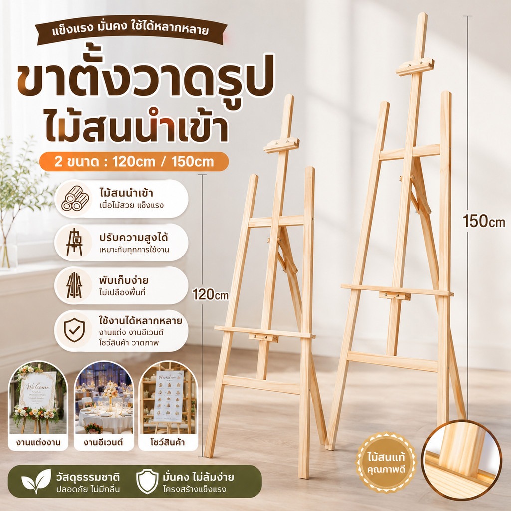 ขาตั้งวาดรูป ขาตั้งไม้120/150cm ขาตั้งรูปภาพ ขาตั้งป้า ขาตั้งป้ายโฆษณา ขาตั้งงานแต่ง แบบตั้งพื้น