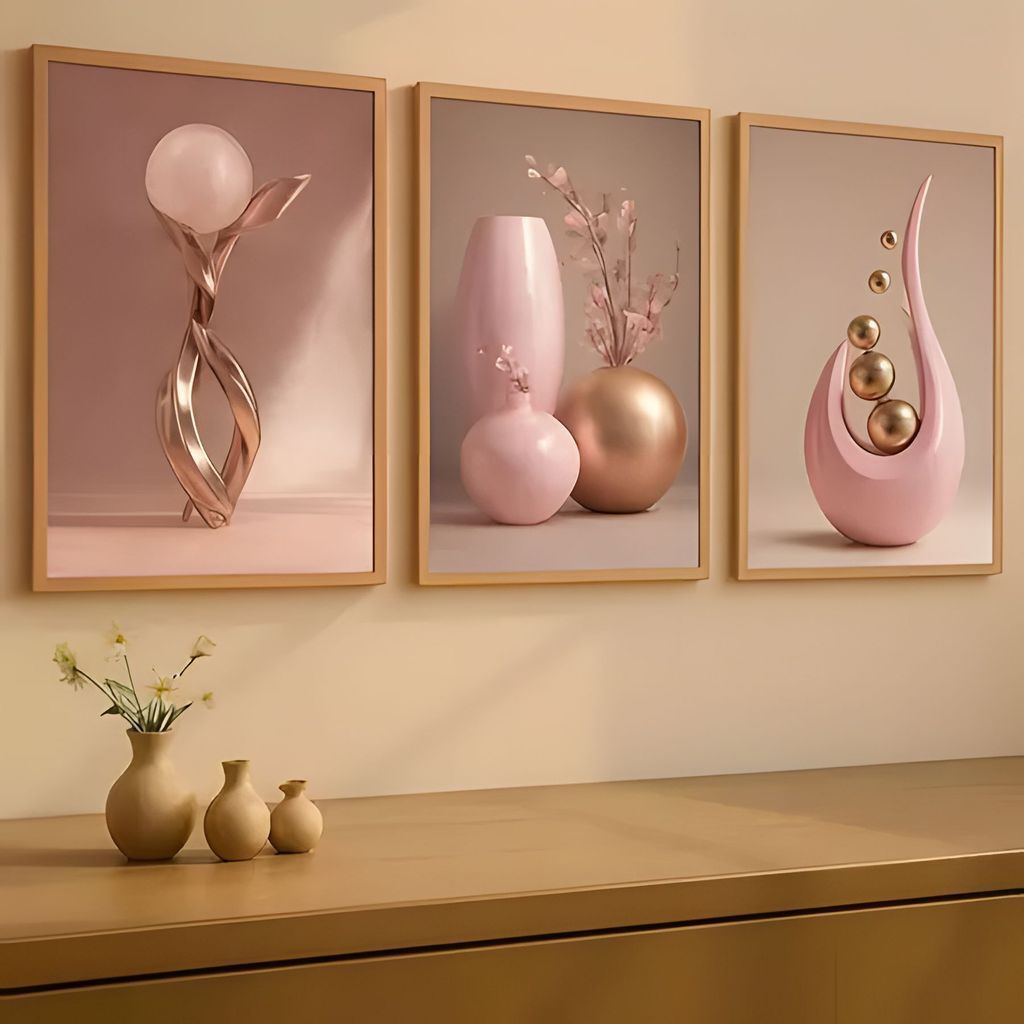ชุดภาพวาด 3 แผ่น สไตล์หรูหรา โทนสีพีชทอง (Peach Gold) ลายแจกันและดอกไม้ ของแต่งบ้าน สวยเก๋ เหมาะกับห้องนั่งเล่น