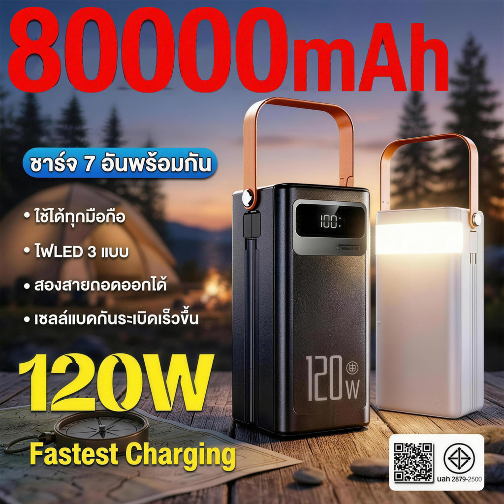 รับประกัน5ปี PowerBank 80000mAh ความจุขนาดใหญ่ 120W ชาร์จเร็ว กับ มาพร้อมสายคู่ สามารถพกพาสะดวก แบตสํารอง พาวเวอร์แบงค์