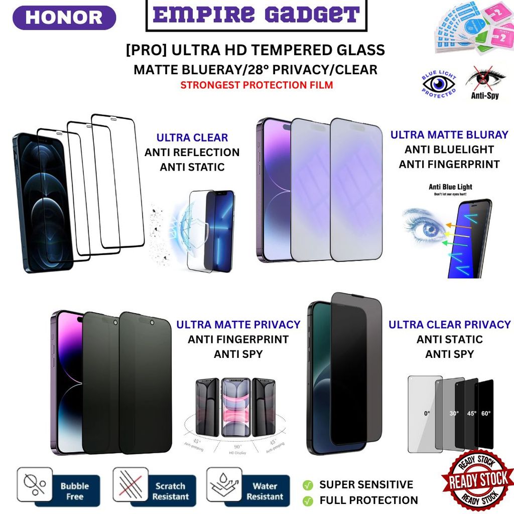 [PRO] กระจกนิรภัยพิเศษ Honor X9D,600Lite,X7D,X8B,90Lite,400Smart,400Lite,400,200Lite PRIVACY CLEAR S