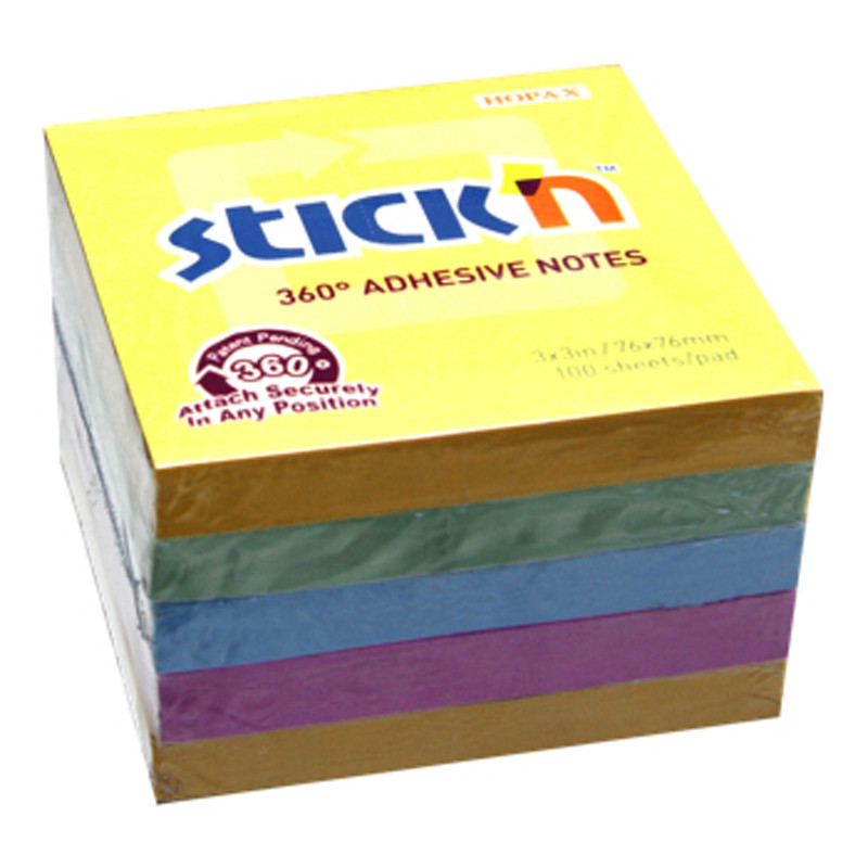 STICK N กระดาษโน๊ตกาว 4 มุม คละสี ขนาด 3"x3" แพ็ค 5 เล่ม