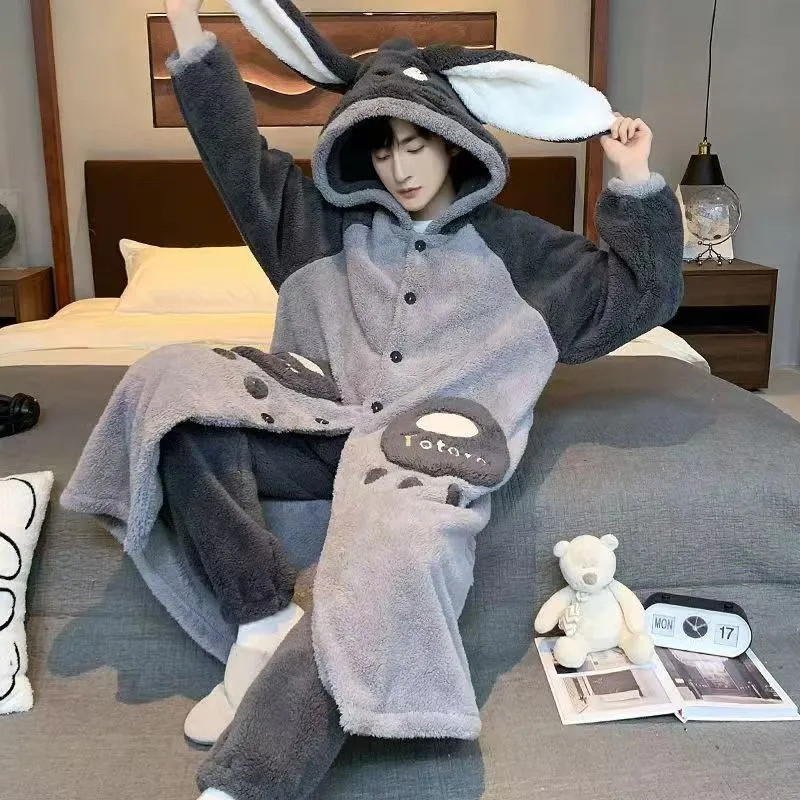 [JPJ] เพื่อนบ้าน Totoro ชุดนอนขนแกะปะการังสำหรับผู้ใหญ่ทั้งสองเพศ ชุดในบ้านที่อบอุ่นและเสื้อคลุมมีฮู้ด