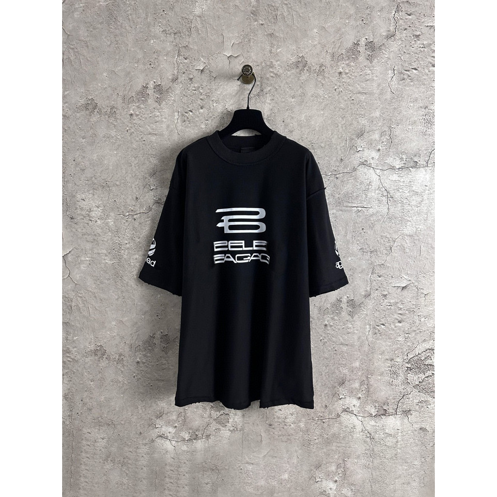 Y6YY Paris Home ** BLCG Letter พิมพ์สบายๆแขนสั้นซักผ้าน้ํา Distressed Frayed หลวม All-Match ผู้ชายผู