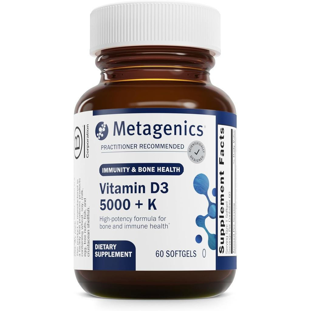 Metagenics D3 5000 + KVitamin D และ Vitamins K - Non-GMO และปราศจากกลูเตน,60 Grain Soft Capsules