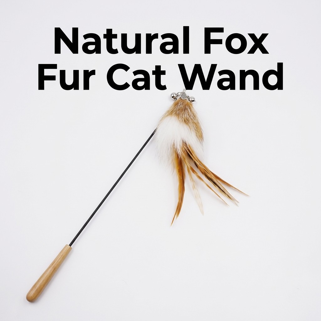 FUREVER365 HM-14 Fox Fur Cat Teaser - Real Fur Tail Solid Wood Handle High-Elasticity Steel Wire Toy