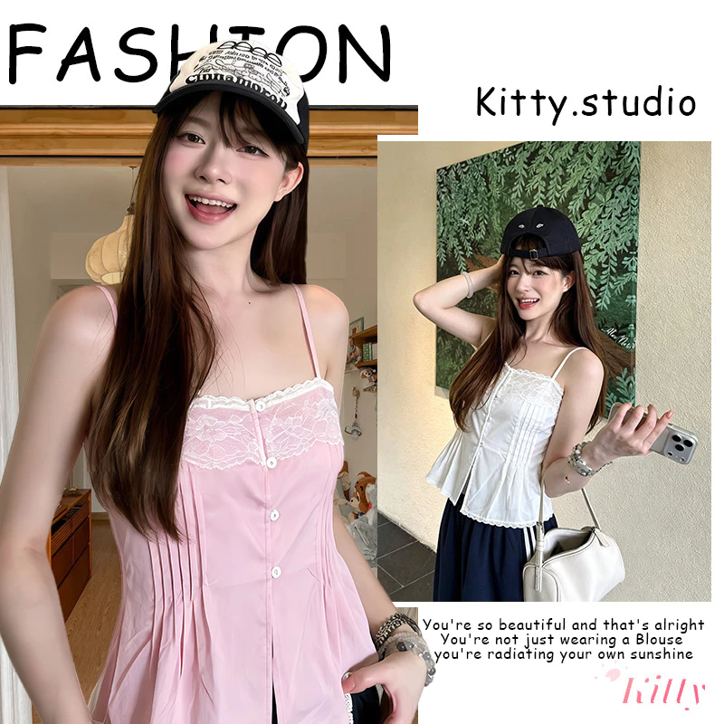Kitty พร้อมส่ง🍒 เสื้อกล้ามสายเดี่ยวผ้าลูกไม้ ขอบลูกไม้ ปิดกระดุม ตัดร่องสวย ใส่สบายสไตล์เกิร์ลลี่