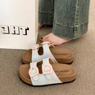 Polkadot หนาSoled Birkenstock รองเท้าแตะผู้หญิง 2026 Polka Dot รองเท้าแตะผู้หญิงเพิ่มความสูงแฟชั่น All-Match Flip-Flops Outing รองเท้าแตะ