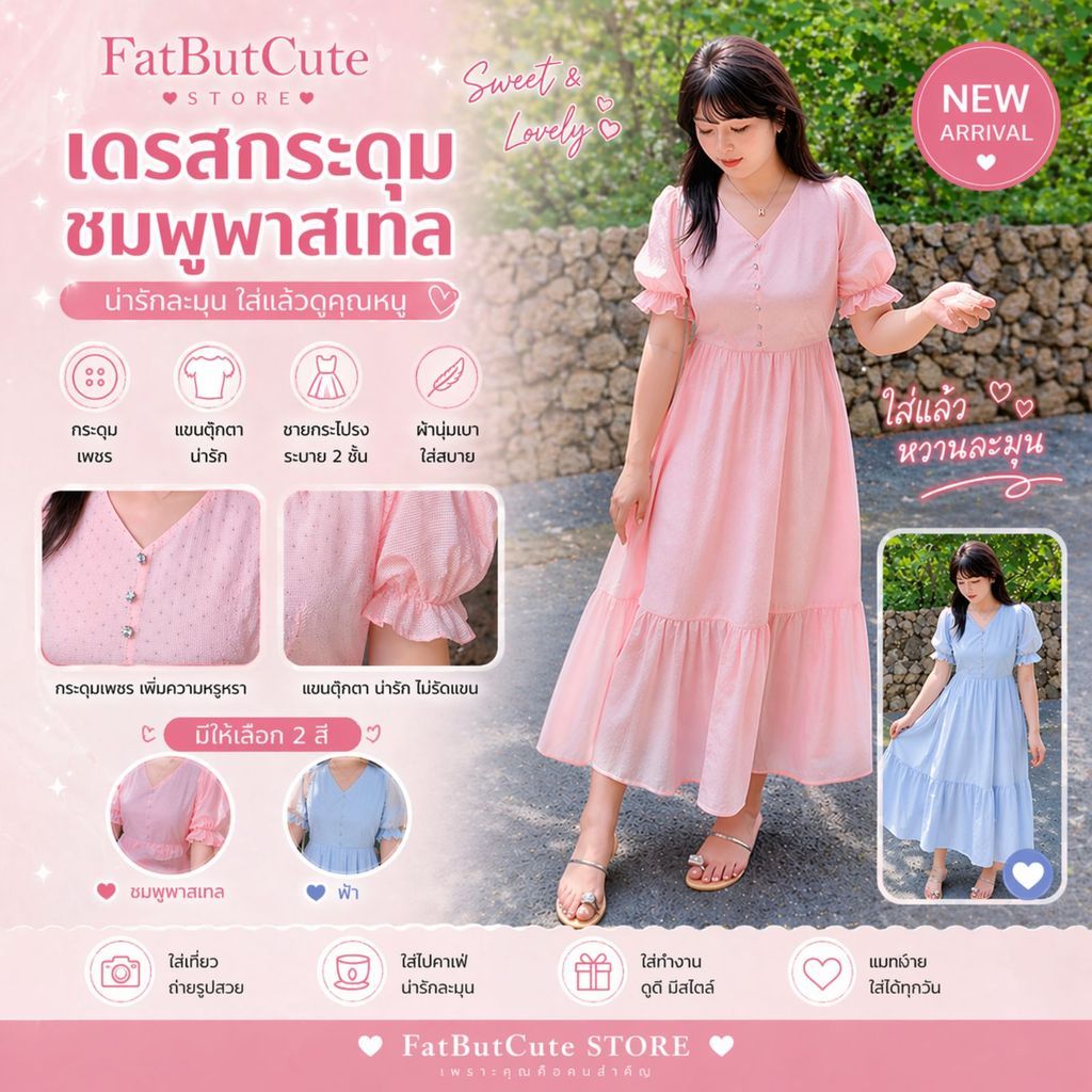[อก36-46]✨ เดรสสีพาสเทล ลุคหวานละมุน  ✨ ดีไซน์คอวีแต่งกระดุม เพิ่มความเรียบร้อยแต่ยังคงความน่ารัก k-2743