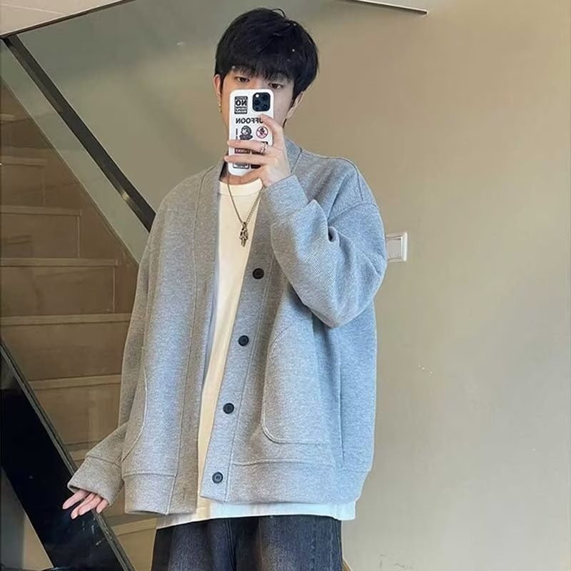 ญี่ปุ่นย้อนยุคลายเสื้อเย็บปลอมสองชิ้นเสื้อกันหนาวคาร์ดิแกนผู้ชายผู้หญิงฤดูใบไม้ผลิฤดูใบไม้ร่วงสีกรมท่าถักเสื้อแขนยาว