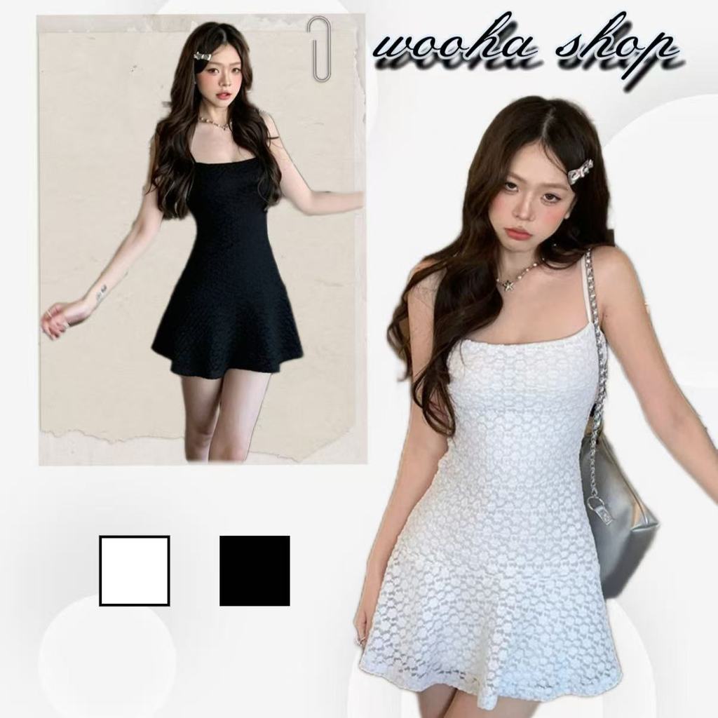 wooha shop ชุดเดรสสายเดี่ยวถักโครเชต์ลายกลวงสไตล์ผิวสัมผัสแบบผู้ใหญ่บางเบา, ชุดเดรสทรงเอสไตล์บริสุทธิ์น่ารัก