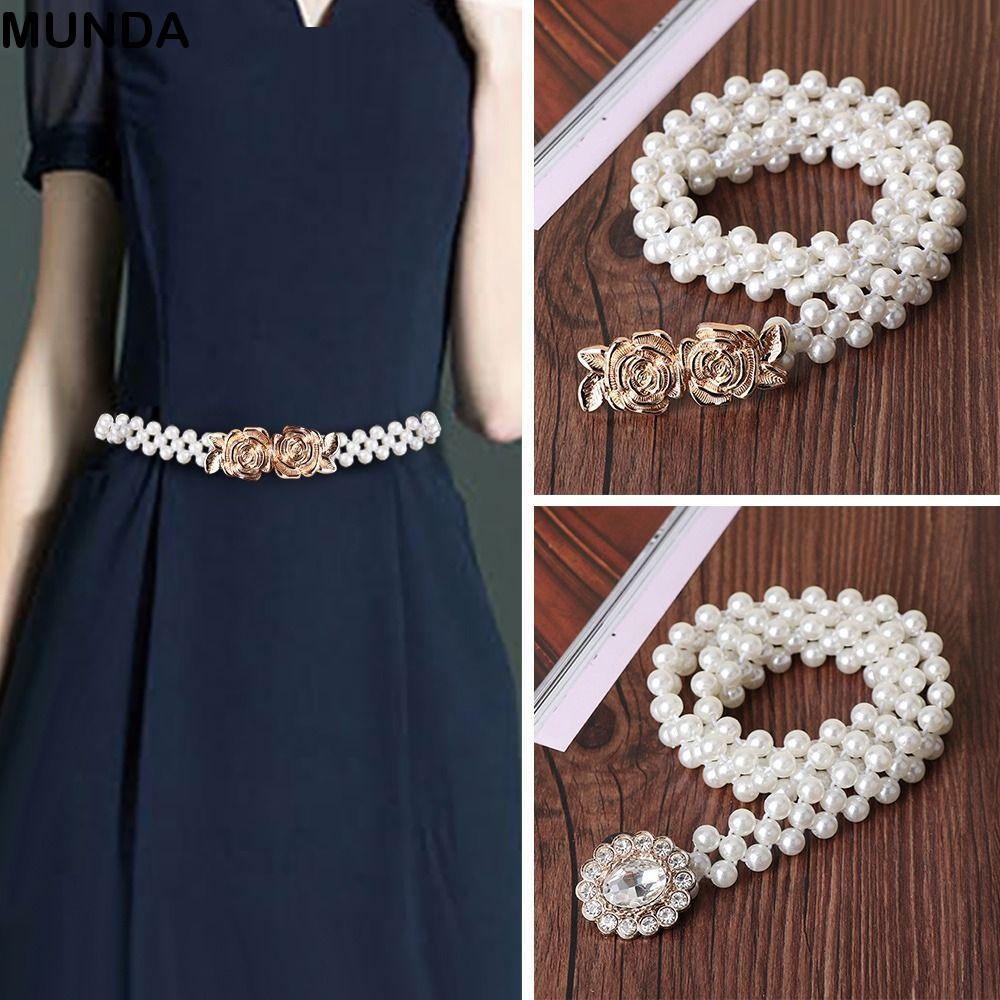 MUNDA เข็มขัดมุก, โซ่เอว Rhinestone เรียบง่ายบาง, แฟชั่นสุภาพสตรี Elastic Elegant Drawstring เข็มขัดสําหรับผู้หญิง