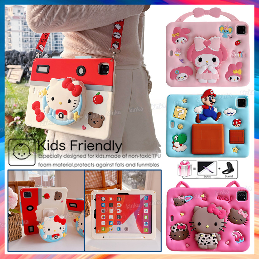 เด็กปลอดภัย 3D KT แมวการ์ตูนแท็บเล็ตป้องกันกรณีพร้อมขาตั้งสําหรับ iPad 12th 11th A16 10th 9th 8th 7th Gen 10.2 Pro11 M5 Air11 Air5 Air5 Air4 Air6 Air7 Air8 Air2 9.7 mini 7 6 5 4 3