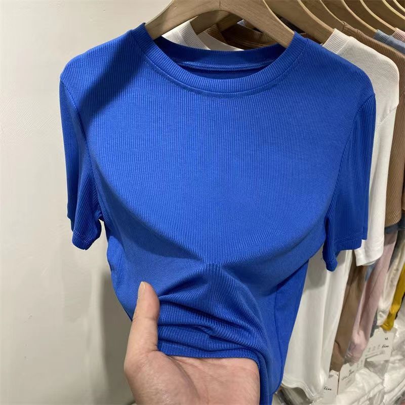 [ตัวเลือกหลายสี] High-Endสีทึบหน้ากากเสื้อยืดผู้หญิงแขนสั้นฤดูร้อนSlim-Fit Slimmerดู
