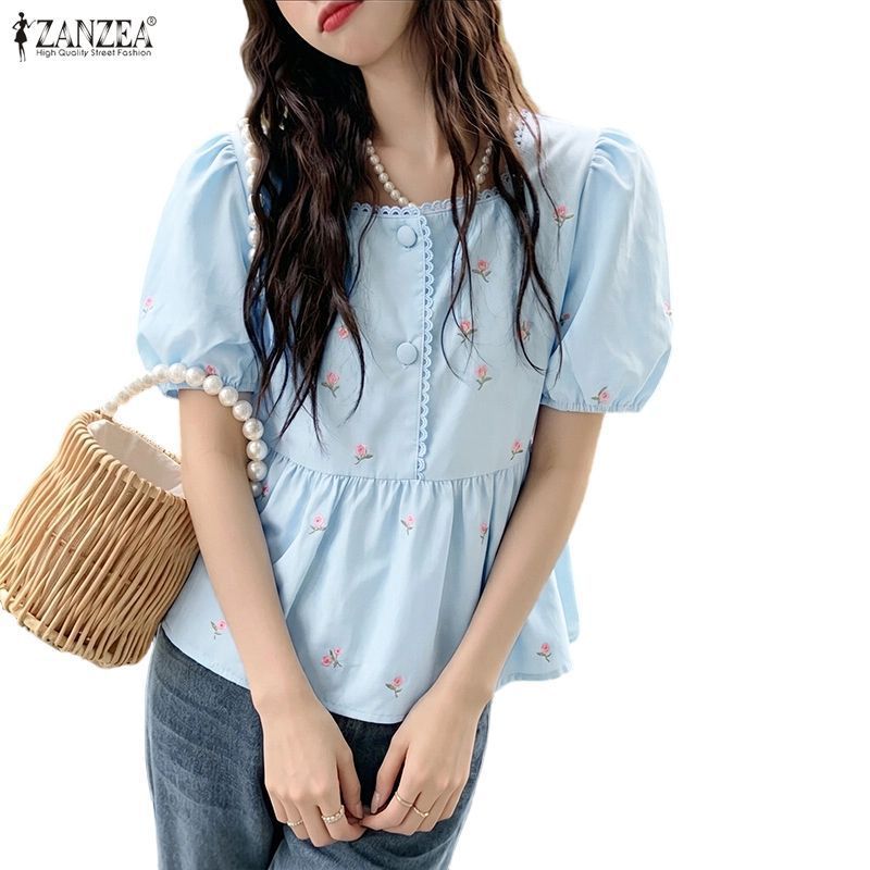 ZANZEA เสื้อเบลาส์สไตล์เกาหลีสำหรับผู้หญิง แบบเอวเพรียว พิมพ์ลายดอกไม้ ทรงหลวม A-Line