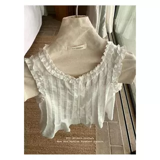 mimi&didi[สินค้าพร้อมส่ง]เสื้อกั๊กผ้าลินินแขนกุดระบายหวานๆ ฤดูร้อน น่ารัก สำหรับผู้หญิง สวย ใส่สบาย ดีไซน์เรียบง่าย#W723