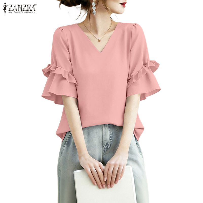 ZANZEA เสื้อผ้าแฟชั่นเกาหลี ทรง Elegant V-neck พร้อมกระดุมระบายสองชั้น เหมาะสำหรับวันสำคัญหรือโอกาสพิเศษ — صورة 7
