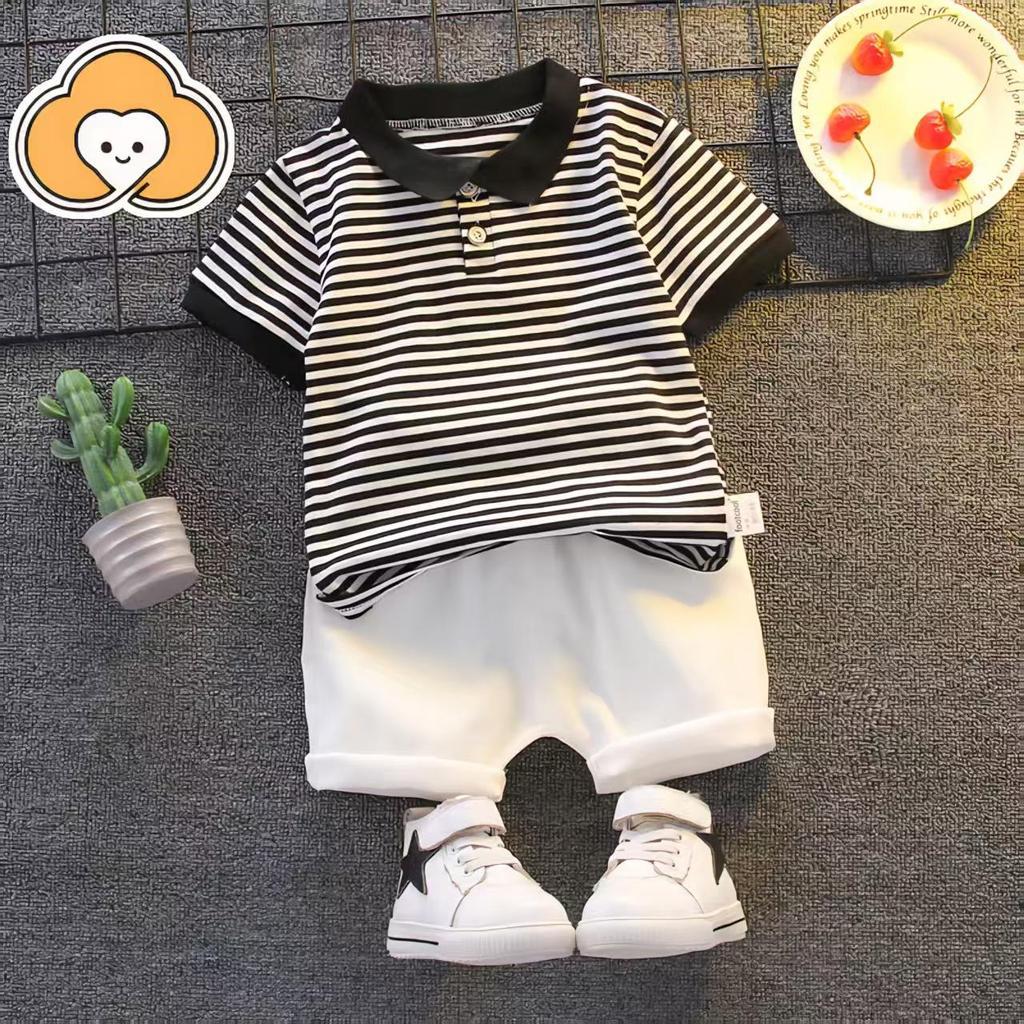 [Cotton Life]ชุดเด็กผู้ชาย เสื้อโปโลลายริ้วแขนสั้น + กางเกงขาสั้น 2 ชิ้น ผ้าฝ้ายนุ่ม ฤดูร้อน ใส่สบาย